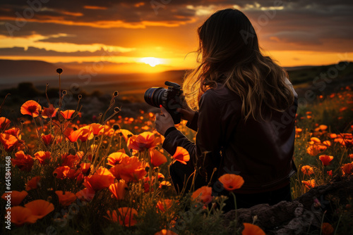 A photographer captures a stunning sunset over a field of wildflowers, demonstrating the beauty of nature's spectacle on your doorstep. Generative Ai.