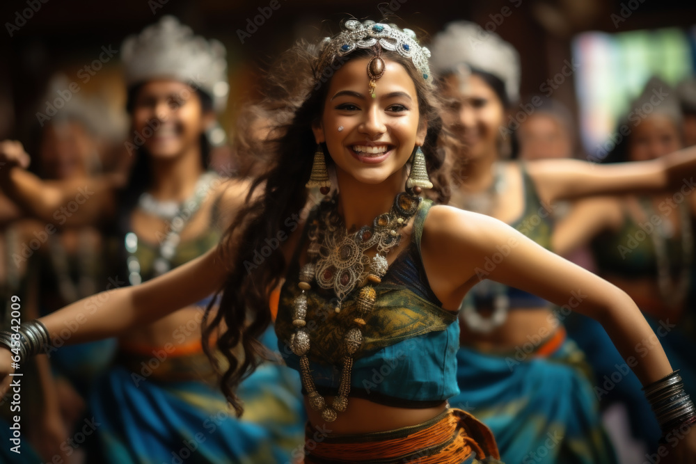 Indian students participating in a dance rehearsal, infusing their cultural heritage into their extracurricular activities. Generative Ai.