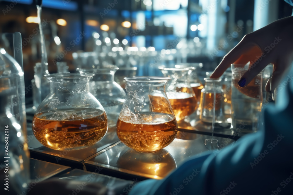 A close-up of a student's hand experimenting with chemicals in a lab, engaging in scientific exploration. Generative Ai. A close-up of a student's hand experimenting with chemicals in a lab, engaging in scientific exploration. Generative Ai.