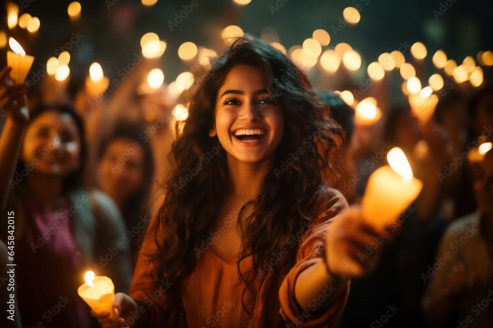 A person capturing the joyous celebrations of Indian students during a festival of lights, fostering a sense of belonging. Generative Ai. A person capturing the joyous celebrations of Indian students during a festival of lights, fostering a sense of belonging. Generative Ai.