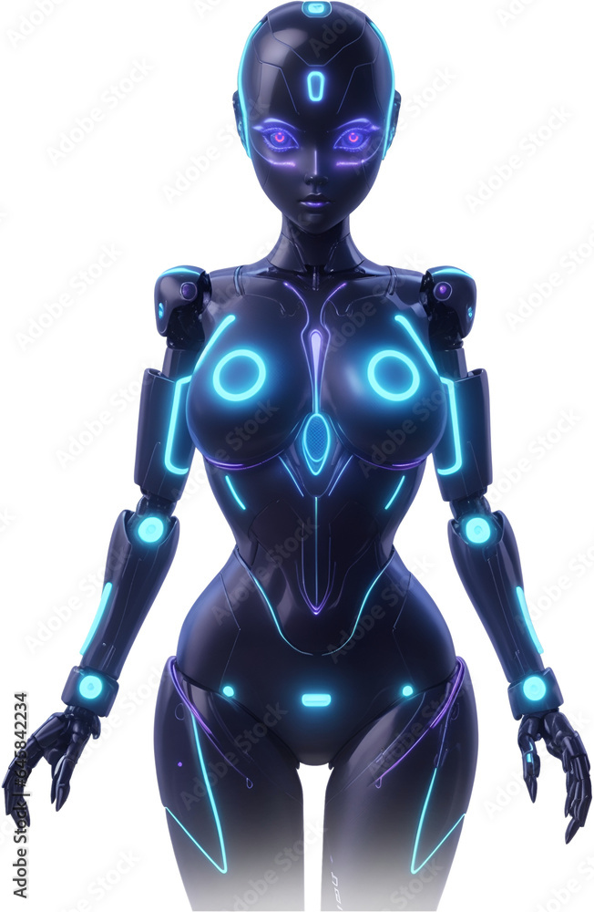 Humanoid robot cyborg, female droid bot with neon lights, artificial intelligence, generative ai