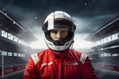 Portrait of F1 driver wearing helmet, formula one pilot standing on race track after competition 
