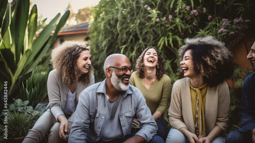 Fototapeta premium Diverse group of people, friends, stting in a garden making jokes to each other and laighing out loud