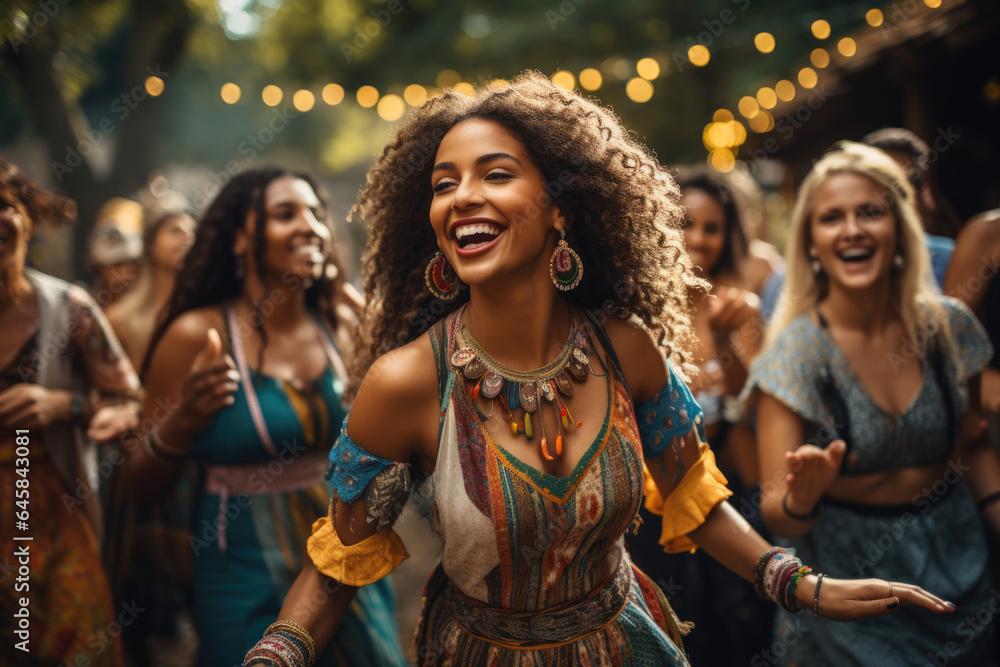 Diverse group of people from different cultures dancing together at a