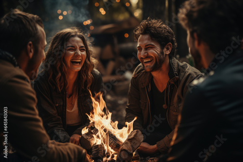 Friends laughing together around a bonfire, sharing stories and joy. Generative Ai.