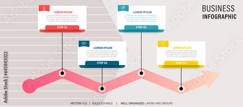 chart timeline infographic template or element with 4 project, process, step, option, colorful bar, arrow, minimal, modern style for sale slide, planner, workflow, roadmap, web
