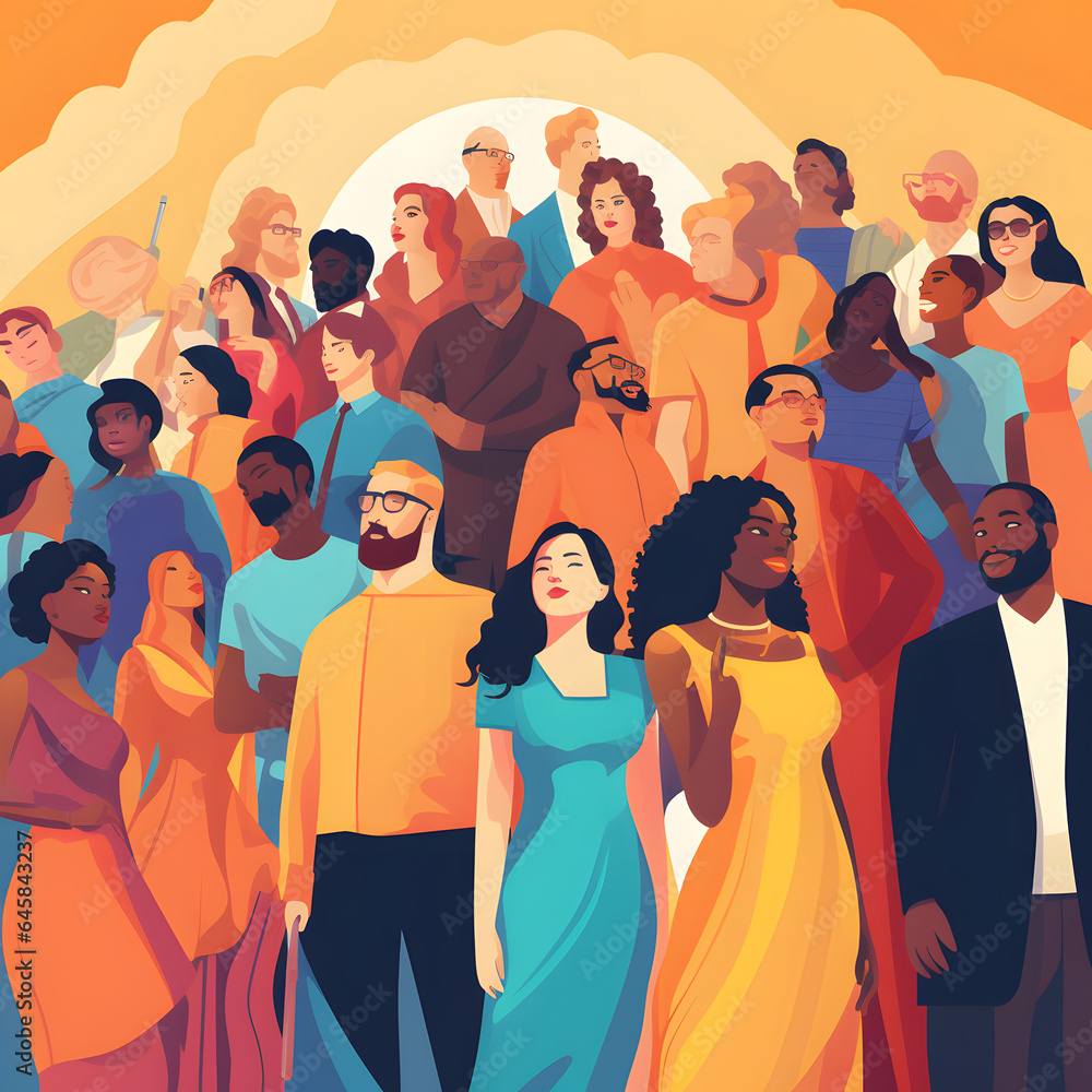 Illustrated Diverse Group of people standing strong together, Diverity, integrity, inclusion