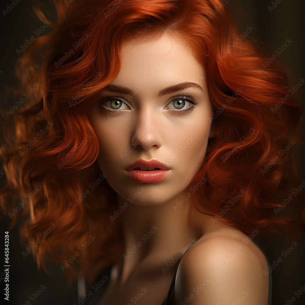 Beautiful Girl with red long Hair looking at the camera, portait, hot