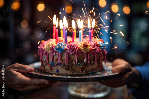Person's hand making a heartfelt wish while blowing out birthday candles. Generative Ai.
