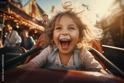 Children's cheerful faces as they ride a roller coaster at an amusement park. Generative Ai.