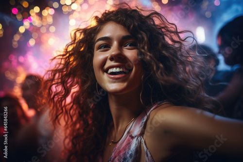 Friends' jubilant expressions during a lively dance-off at a party. Generative Ai.