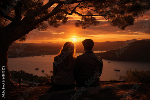 Couple s blissful moment as they watch a breathtaking sunset together. Generative Ai.