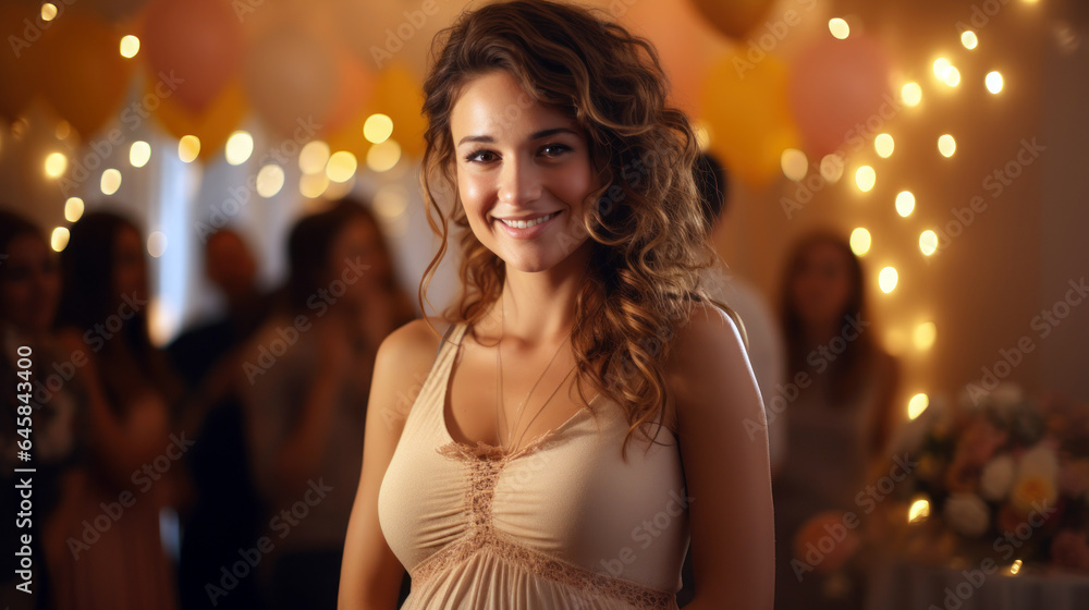 Pregnant woman tenderly holding her belly with a loving smile, while a blurred background of a baby shower party buzzes with joy and anticipation.
