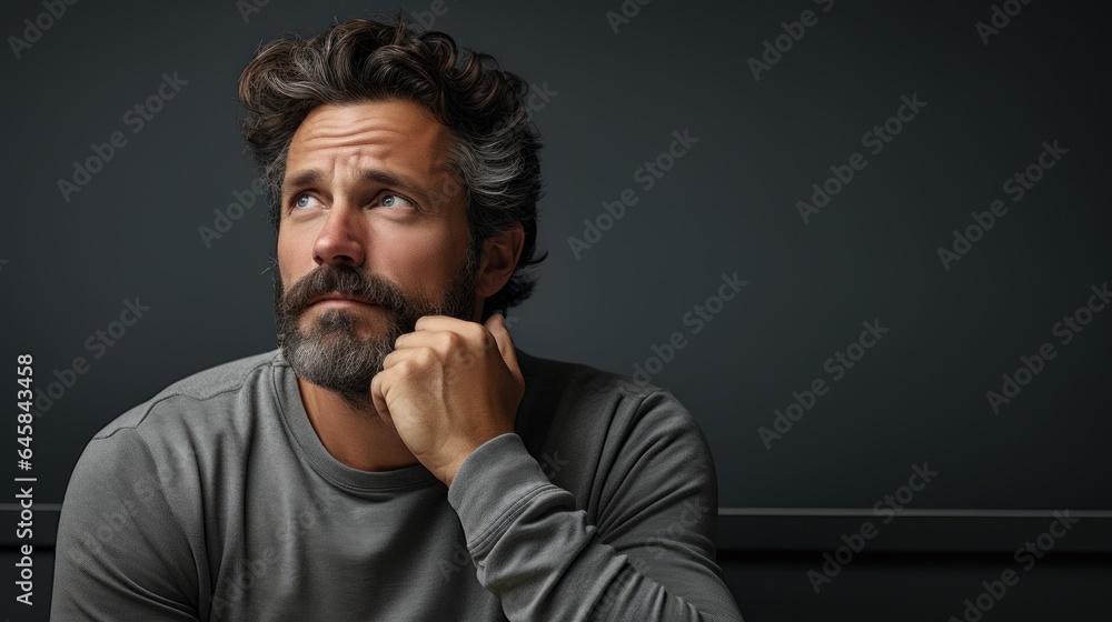 Man in his 30s with a contemplative look, lost in deep thoughts, set against a solid grey wall background that highlights his reflective mood.