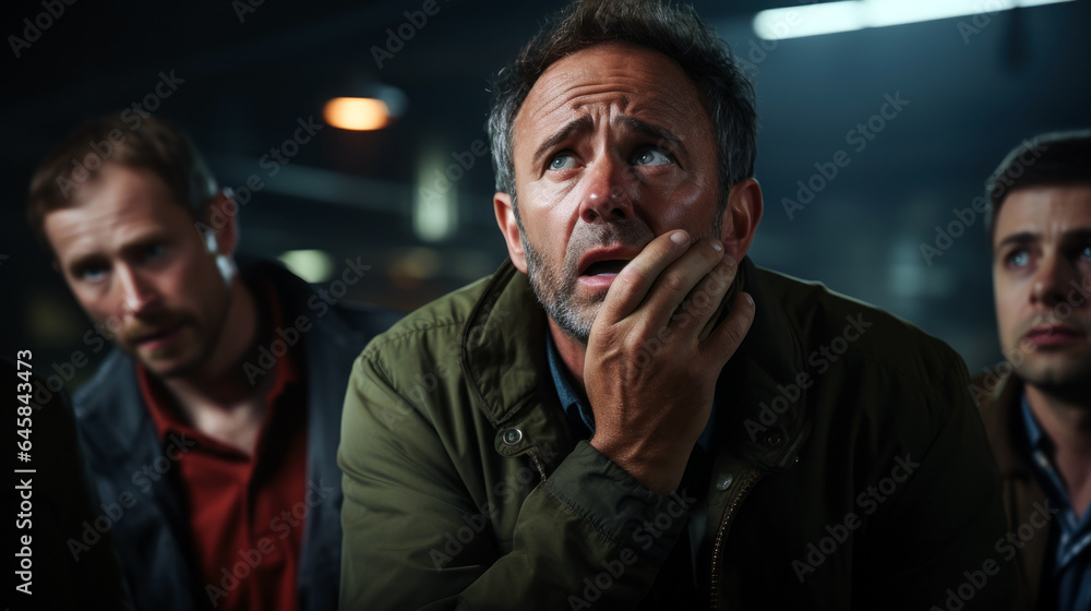 A middle-aged man worried about his job. An anxious look for fear of losing his job - obrazy, fototapety, plakaty 