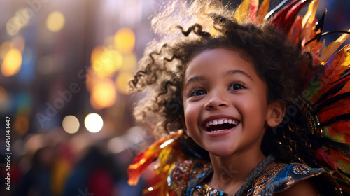 Joyous child adorned in a vibrant carnival costume, with a blurred backdrop capturing the lively spirit of a parade celebrating Hispanic Heritage Month.