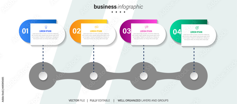 Business infographic design template with 4 options, steps or processes. Can be used for workflow layout, diagram, annual report, web design
Business infographic design template with 4 options, steps or processes. Can be used for workflow layout, diagram, annual report, web design