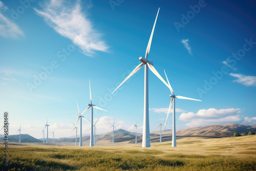 Renewable energy wind turbines against a backdrop of clear blue skies, representing sustainable solutions. Generative Ai.