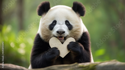 The giant panda is the rarest member of the bear and most threatened animals in world. Save pandas. Cute giant panda shows heart shaped symbol