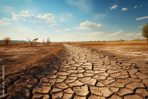 Drought-stricken farmland with cracked soil, showcasing the effects of climate-induced water scarcity. Generative Ai.