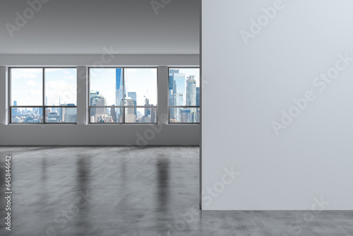 Downtown New York Lower Manhattan City Skyline Buildings from High Rise Window. Expensive Real Estate. Empty wall mockup room Interior Skyscrapers View Cityscape. Financial district. Day. 3d rendering