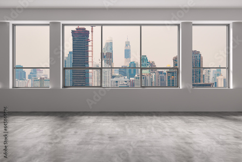 Empty room Interior Skyscrapers View Bangkok. Downtown City Skyline Buildings from High Rise Window. Beautiful Expensive Real Estate overlooking. Day time. 3d rendering.