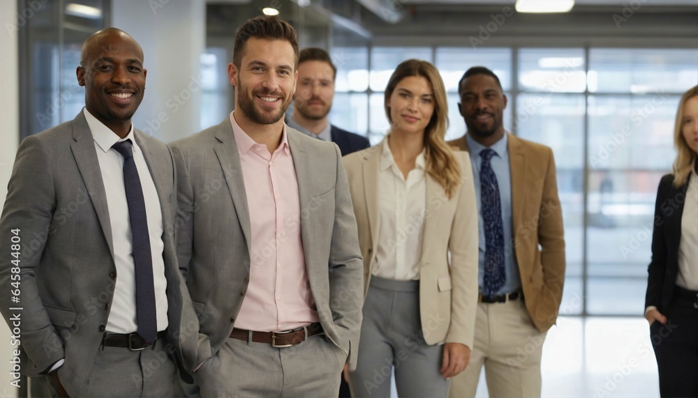 Dynamic corporate team strength symbolized by black and white individuals striking powerful poses with professionalism and confidence Dynamic corporate team strength symbolized by black and white individuals striking powerful poses with professionalism and confidence
