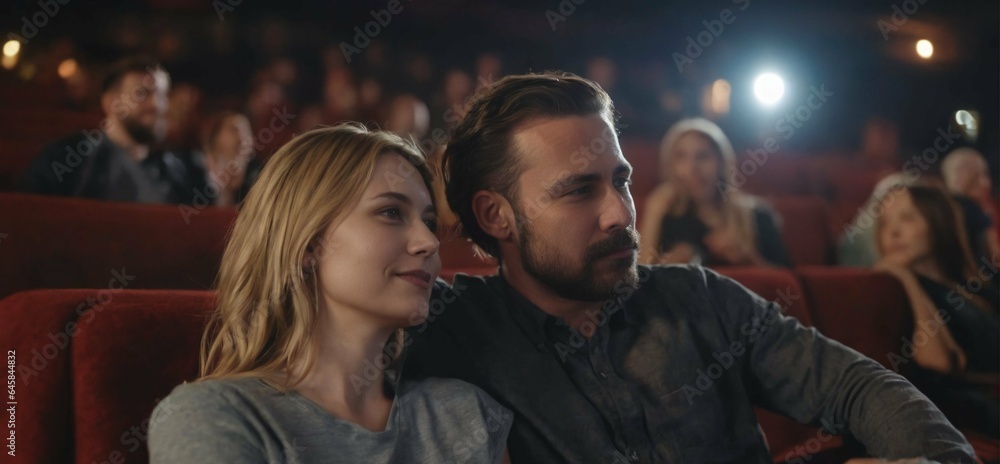 Fototapeta premium Portrait photograph of couple enjoying in a movie theatre embraced, romantic date, love