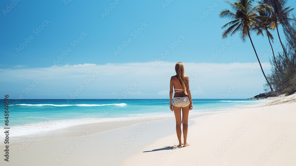 Beautiful young woman on a sandy tropical sea beach, view from the back. Generative AI Beautiful young woman on a sandy tropical sea beach, view from the back. Generative AI