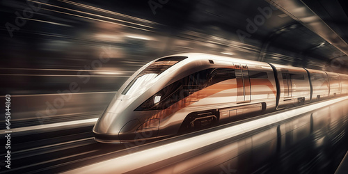 An image of a fast moving modern train in a subway tunnel. Generative AI