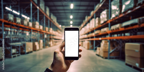 A smartphone with a white blank screen in a man's hand against the background of a warehouse with racks of goods. Generative AI
