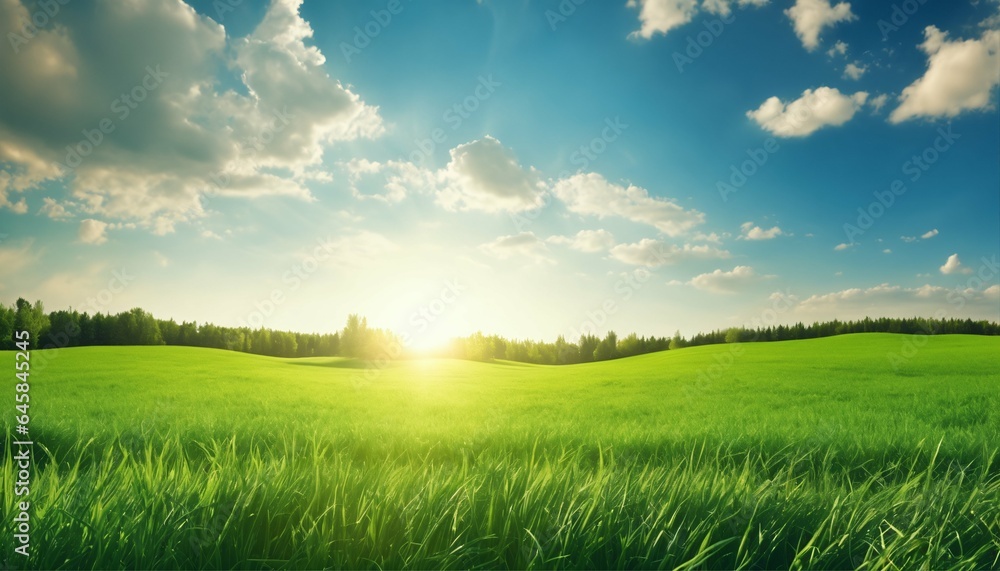 Green field with grass against blue sky with sun, beautiful panoramic natural landscape, spring summer background