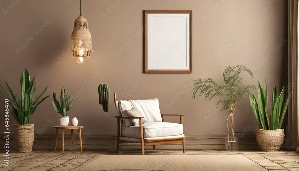 Vertical empty wood picture frame mockup in boho room with chair, potted cactus plants, lamp, and brown wall background for design, wall art, template