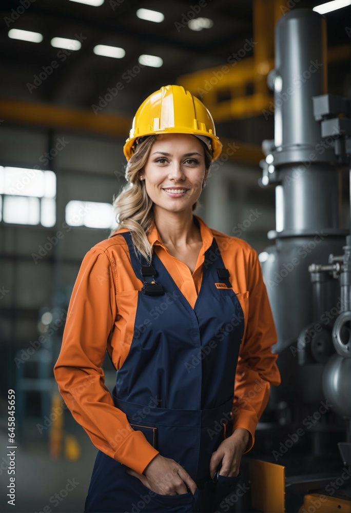 Industry maintenance engineer woman - attractive, uniform, safety hard hat, factory station, engineer, construction concept Industry maintenance engineer woman - attractive, uniform, safety hard hat, factory station, engineer, construction concept