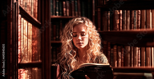 Sessão de Estudo Serena em uma Biblioteca com uma Mulher Loira de Cabelos Encaracolados Concentrada photo