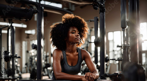 Linda mulher de cabelo afro descansando entre as séries do treino na academia de musculação