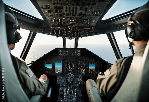 Pilot in plane cockpit - focused and skilled aviator photo