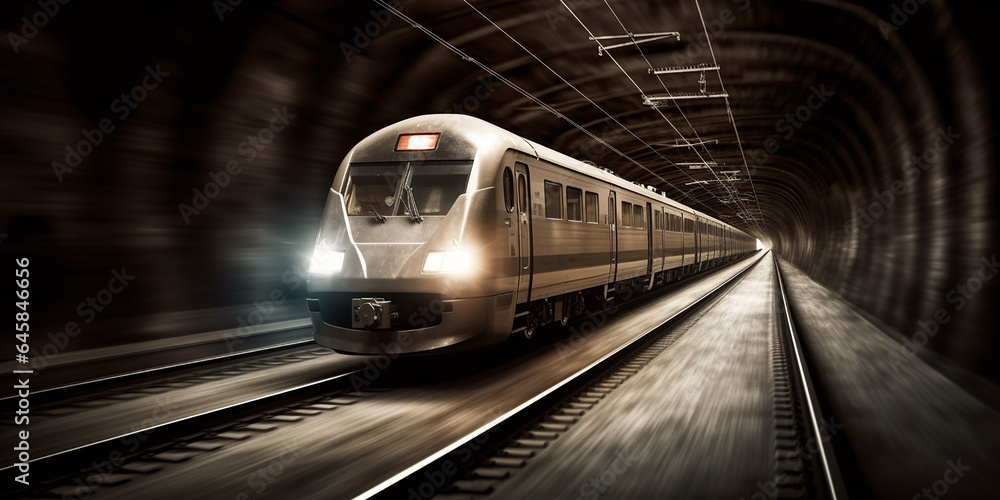 Fototapeta premium An image of a fast moving modern train in a subway tunnel. Generative AI