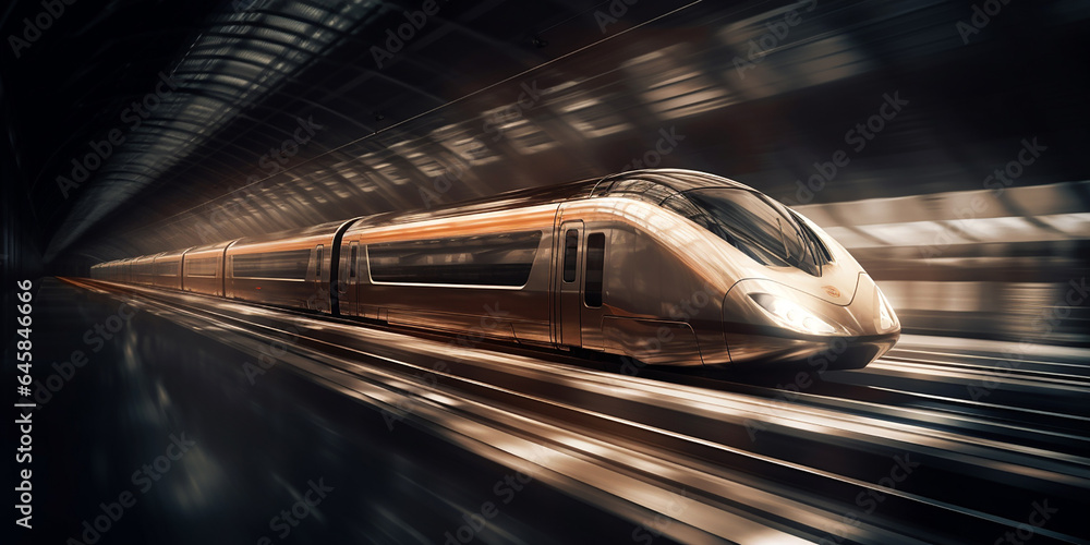 An image of a fast moving modern train in a subway tunnel. Generative AI - obrazy, fototapety, plakaty 