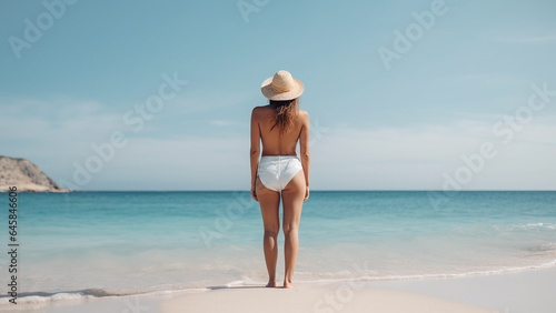 Beautiful young woman on a sandy tropical sea beach, view from the back. Generative AI