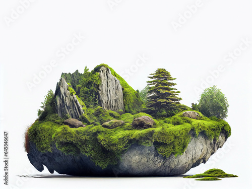 Stone with plants and trees on it, on an isolated white background. Generative AI