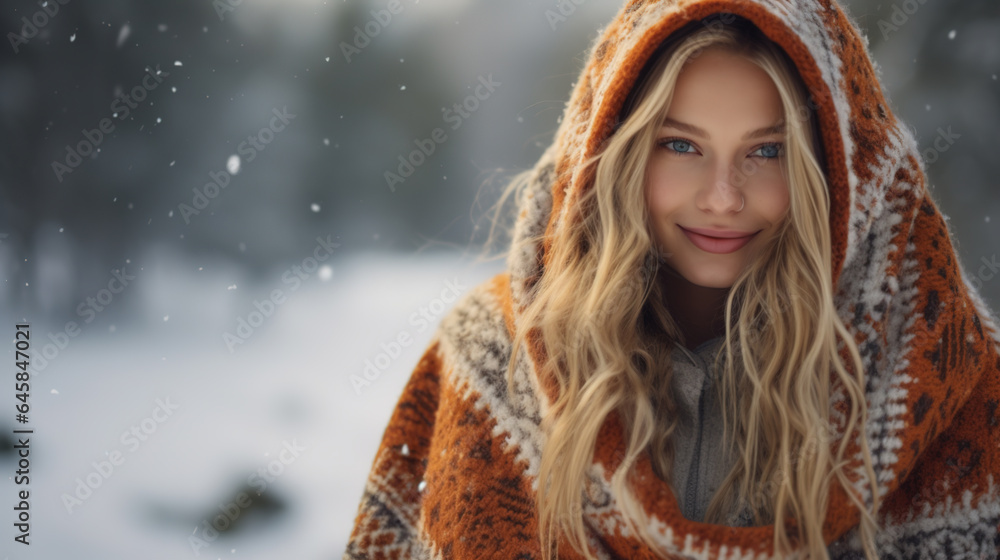 A beautiful blond girl in a thick poncho outside in the snow A beautiful blond girl in a thick poncho outside in the snow