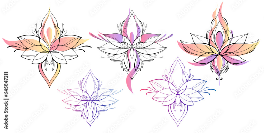 Set Filigree lotus flower, black vector, hand drawn on geometry sign. India yoga logo