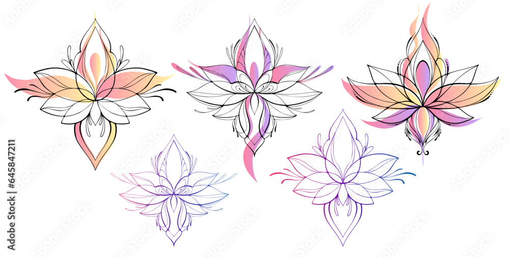 Set Filigree lotus flower, black vector, hand drawn on geometry sign. India yoga logo Set Filigree lotus flower, black vector, hand drawn on geometry sign. India yoga logo