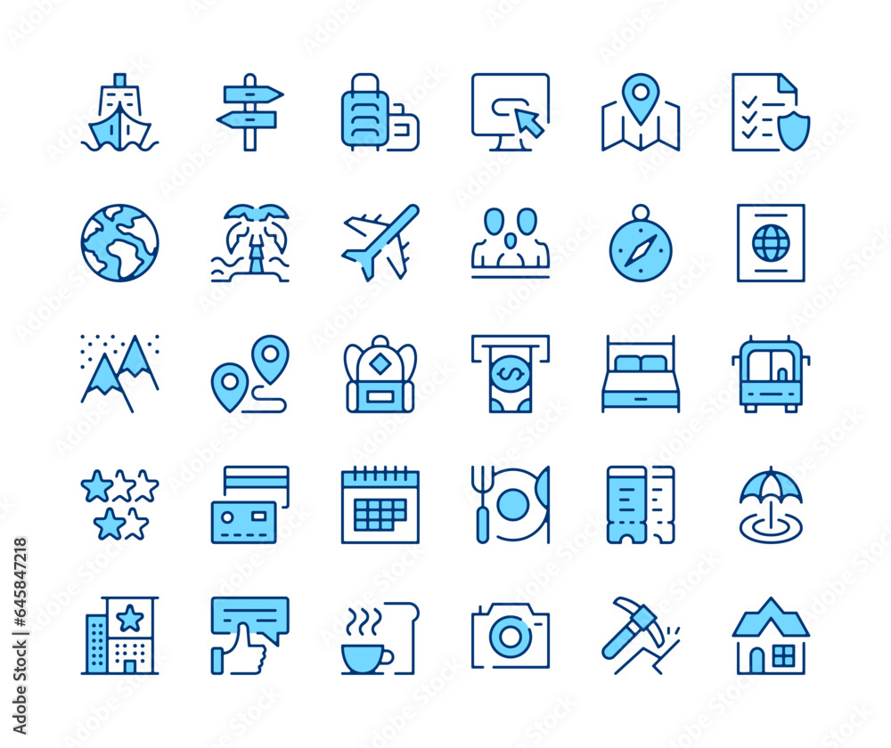 Travel icons set. Vector line icons. Blue color outline stroke symbols. Modern concepts