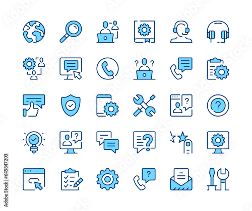 Technical support icons set. Vector line icons. Blue color outline stroke symbols. Modern concepts