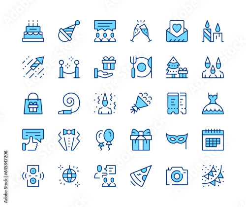 Party icons set. Vector line icons. Blue color outline stroke symbols. Modern concepts