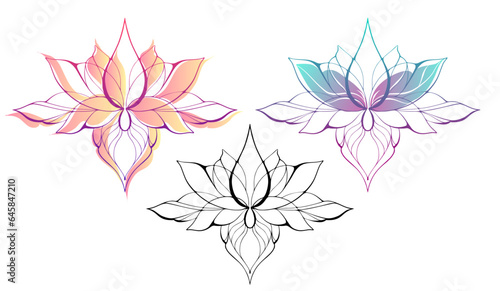 Set Filigree lotus flower vector, hand drawn on geometry sign. India yoga logo. Wall tattoo mantra