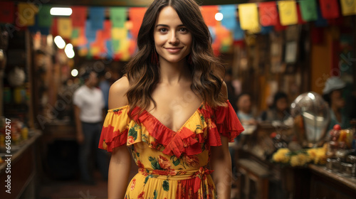 Colombian Latin woman, on the street, houses and cars in the background