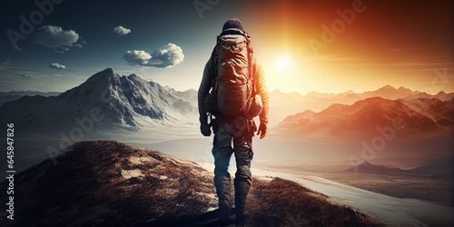 A tourist with a large backpack over his shoulders walks forward along a mountain path, view from the back. Generative AI